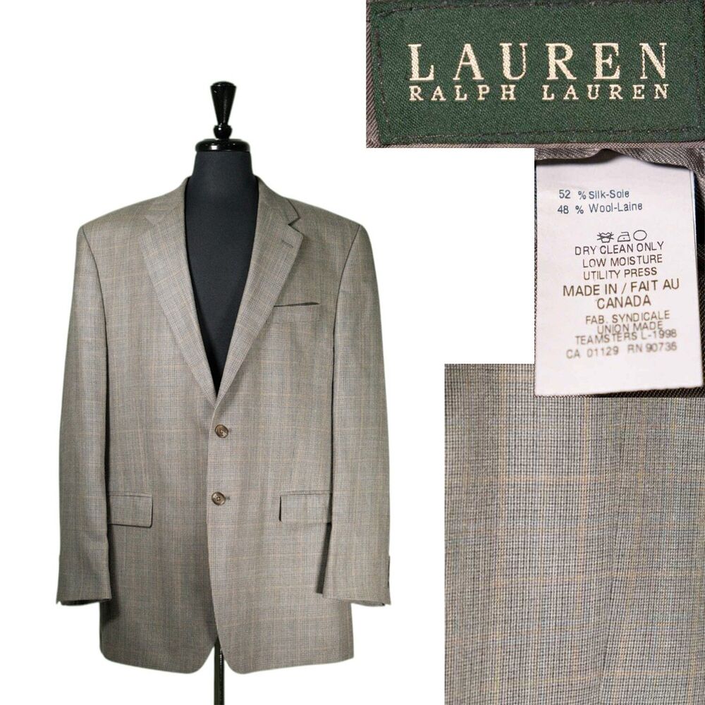 Ralph Lauren Mens 46L Beige Blue Plaid Check Blazer Silk Wool Sport Coat Jacket